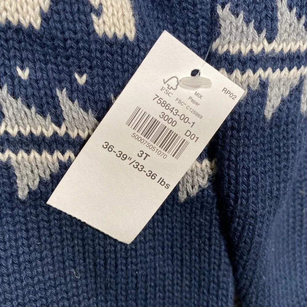 Old Navy Kids Boys Girls 3T Blue‎ Bear Tree Fair Isle Shawl Collar Sweater
